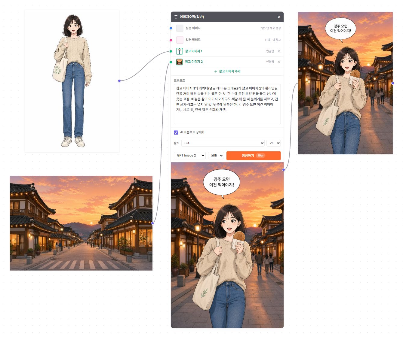 만드는 화면 — 캐릭터와 배경을 선으로 이어 대사가 들어간 한 컷으로